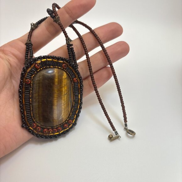 Natural Tiger's Eye Beaded Black & Brown Stone Macrame Necklace Size 17" Length - Picture 9 of 11